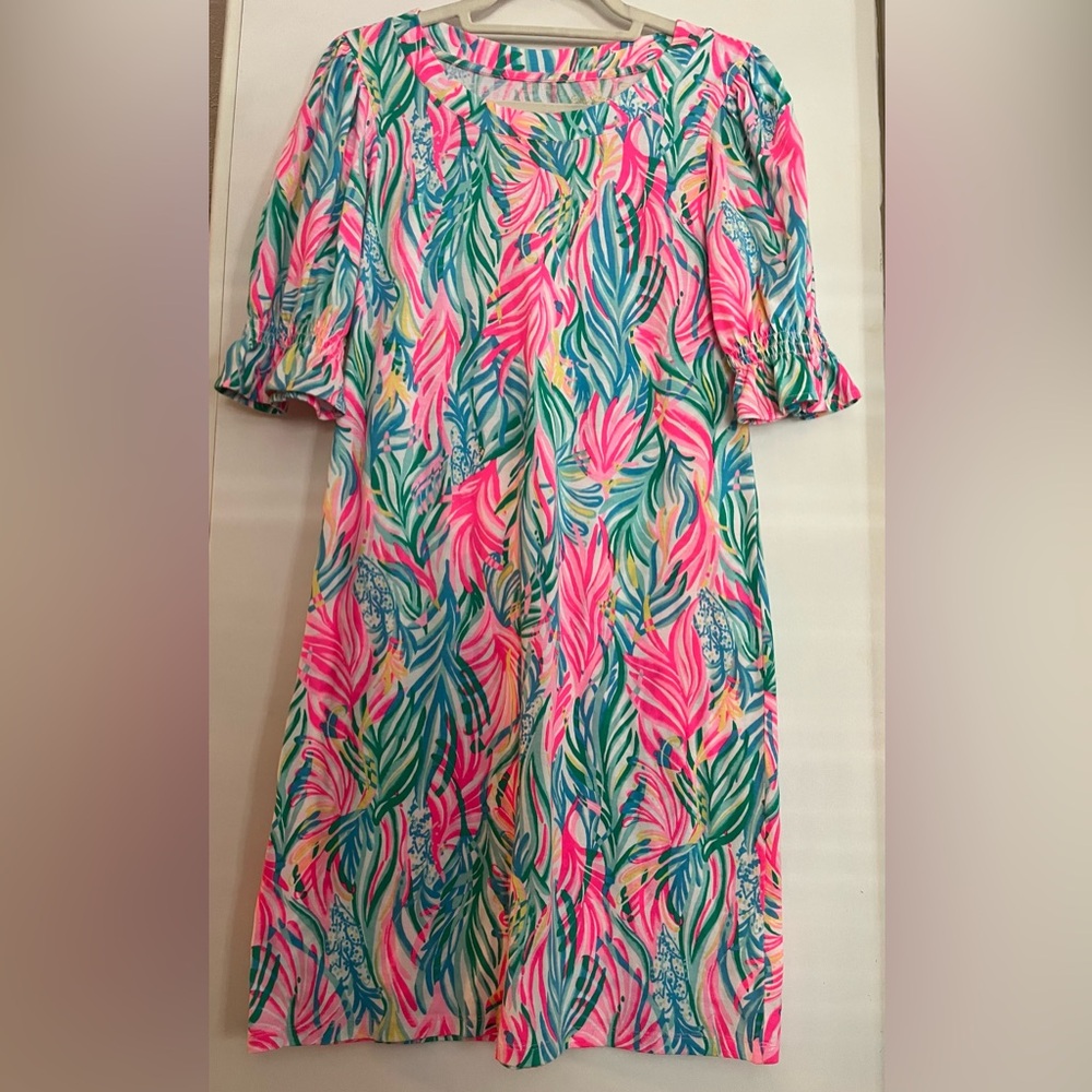 Lilly Pulitzer Pink and Green Leaf Print Dress EUC